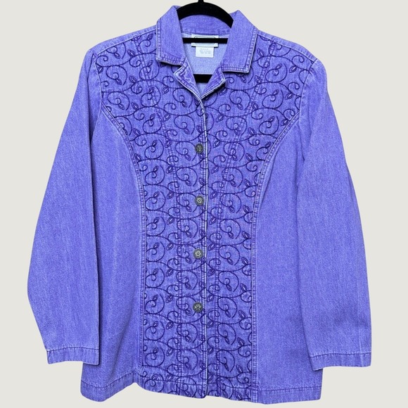 Saint Germain Paris Jackets & Blazers - Vtg Purple Denim Saint Germain Paris Embroidered Leaf Jacket Womens M Cotton USA